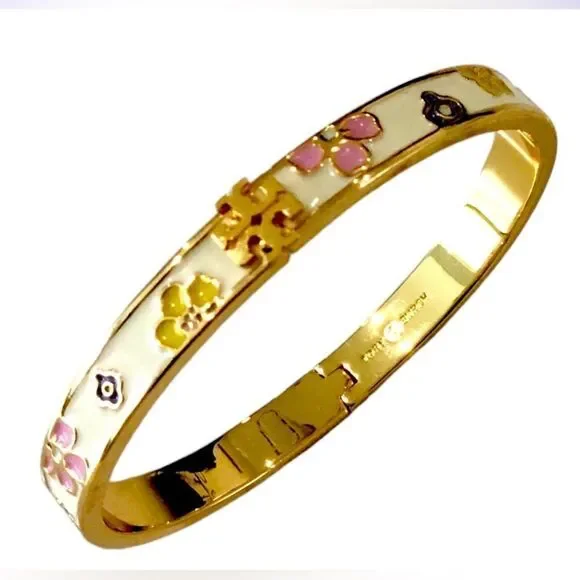 TORY BURCH MULTICOLORED FLOWERS LACQUERED BRACELET - Picture 1 of 4